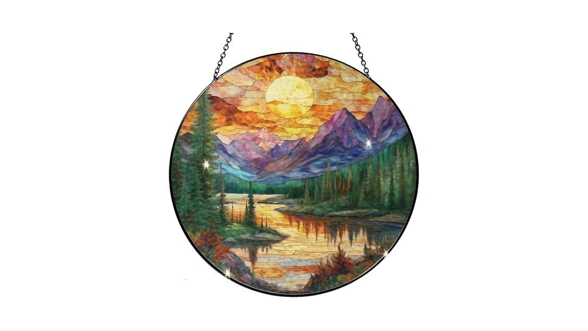 Rustic Mountain Sunset Stained Glass Window Hanging Suncatchers 7.8 Inch