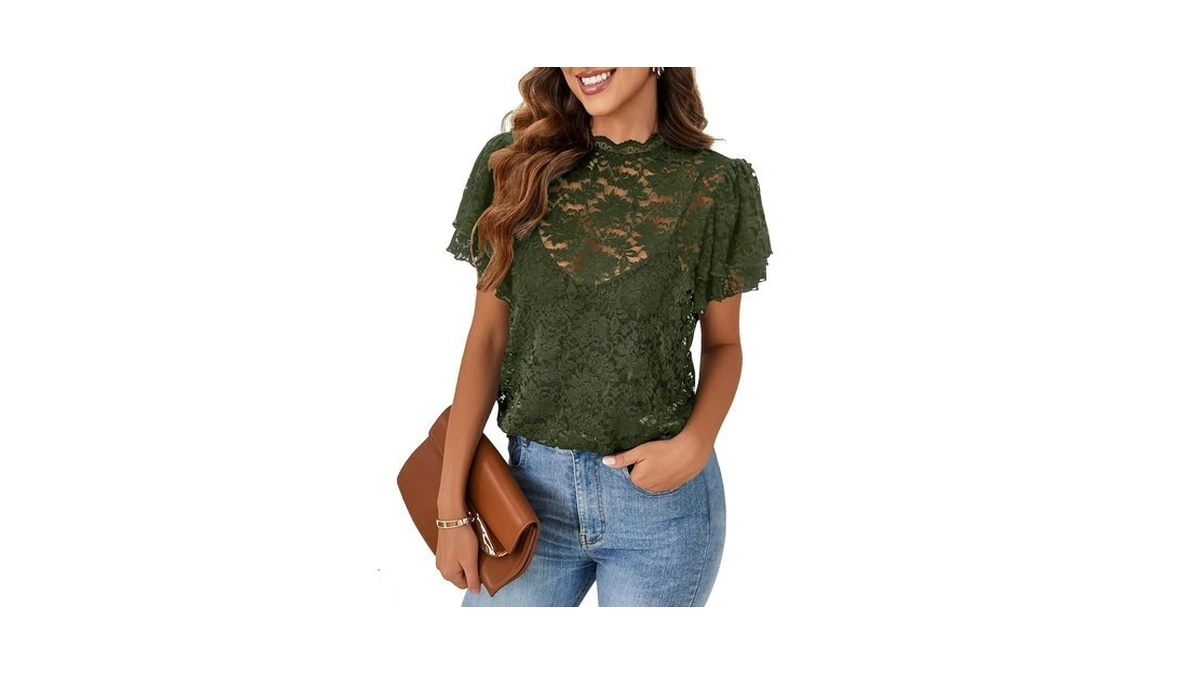 Rooscier Women's Lace Sheer Flounce Sleeve Blouse Dark Army Green