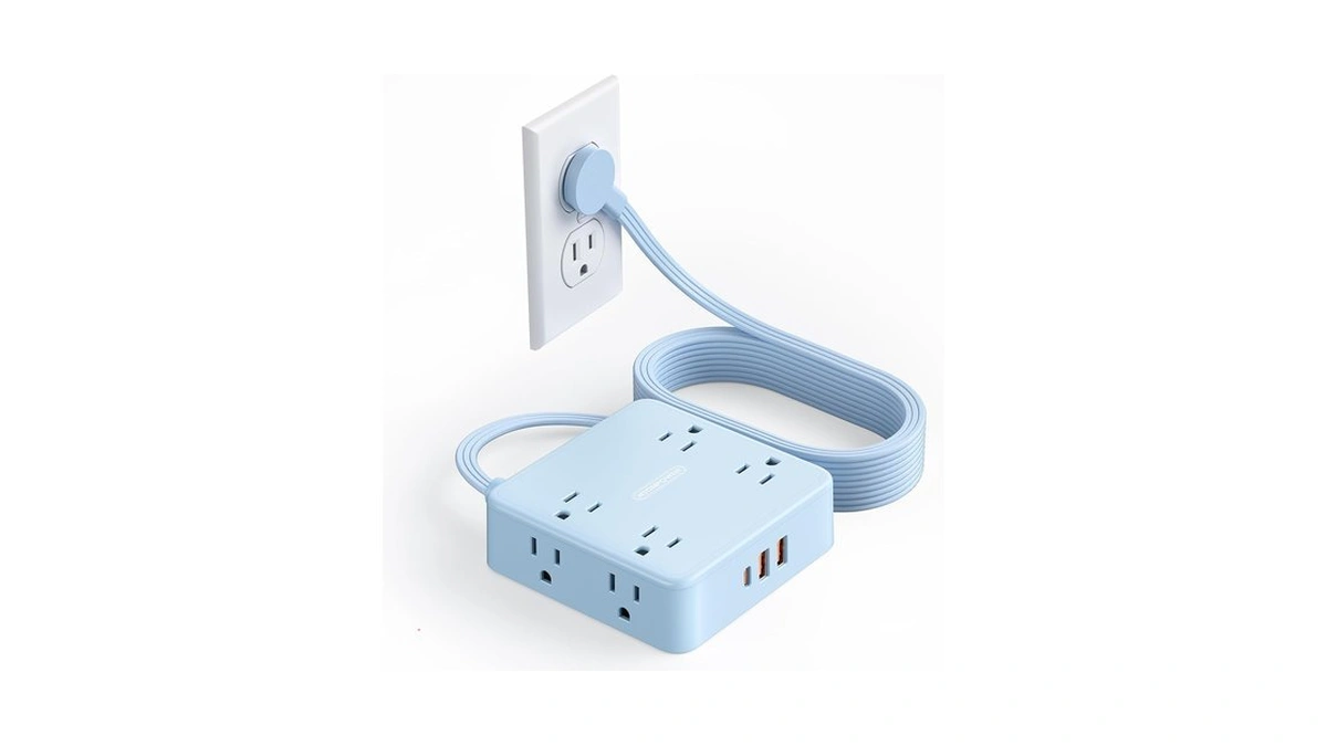5 Ft Blue Extension Cord, Power Strip With 8 Outlets