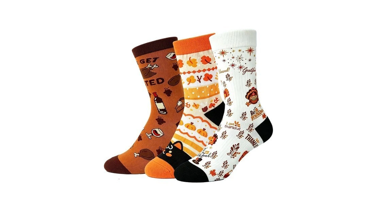 Fawniss Thanksgiving Turkey Socks, 3 Pairs Pumpkin Leaf Mid Calf