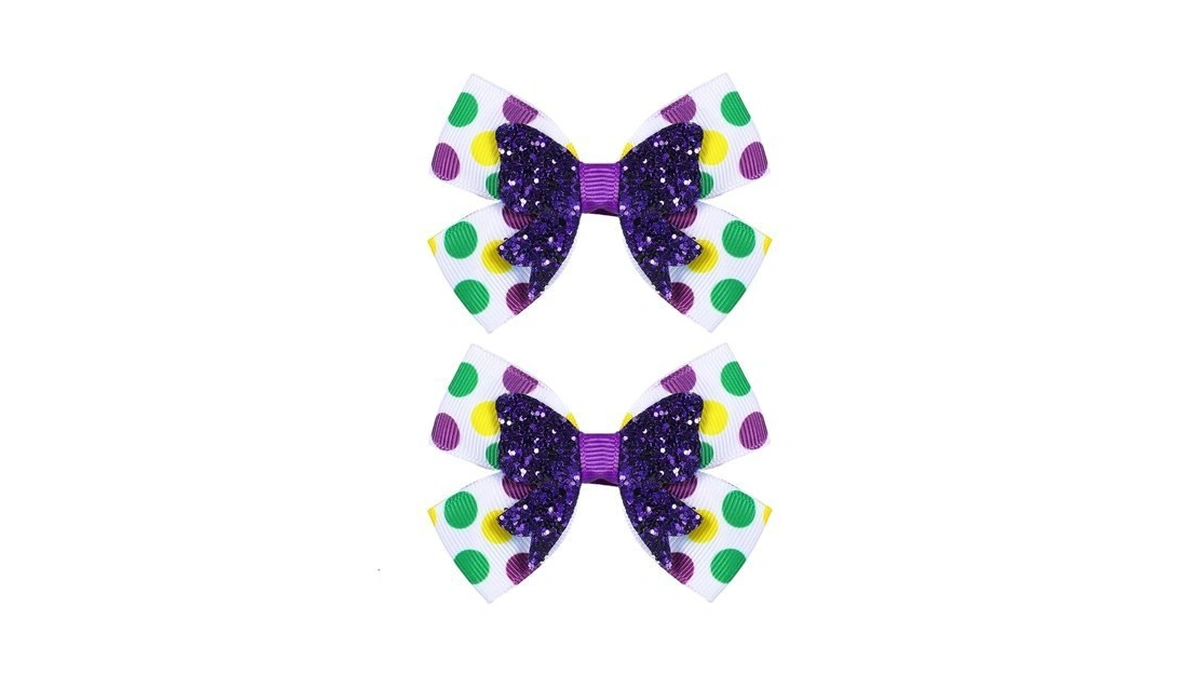 Mardi Gras Holiday Hair Bows Clips For Girls, 3" Glitter
