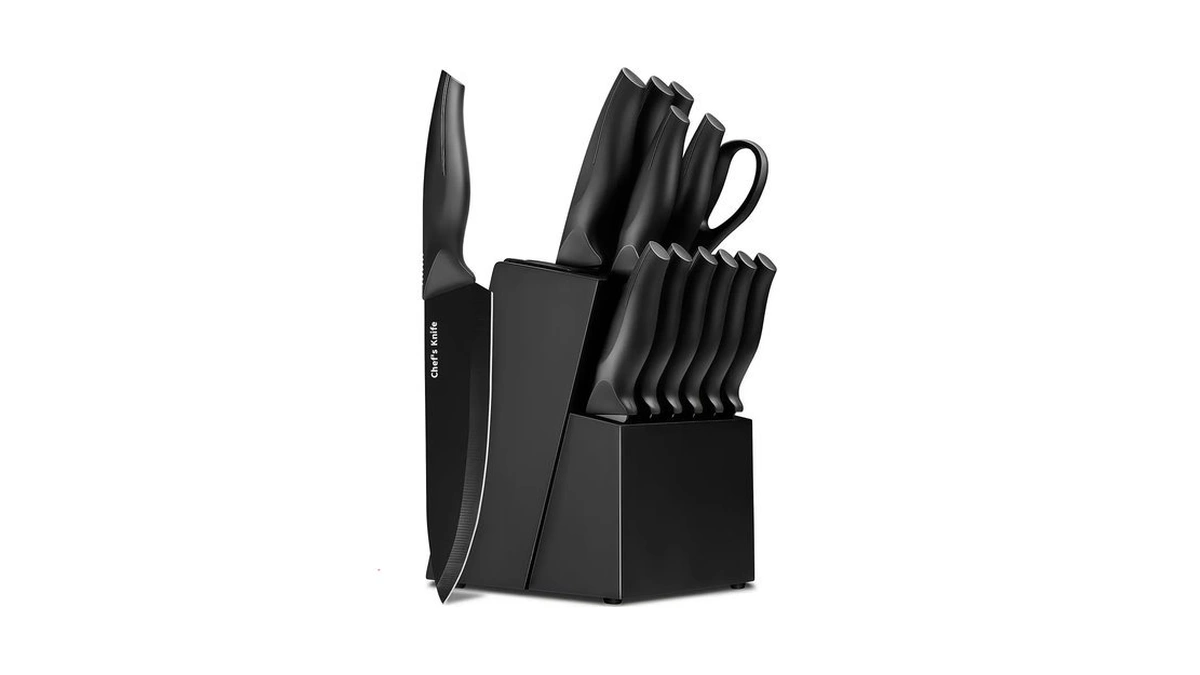 Linhao 14-piece Black Kitchen Knife Block Set With Built-in Sharpener