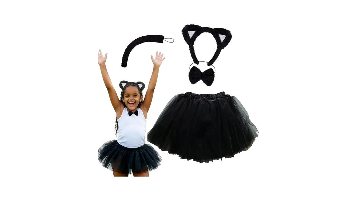 Kirei Sui Cat Costume For Girls, 4-piece Kitty Accessories, Black