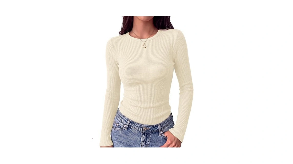 Ekouaer Womens Long Sleeve Shirts Ribbed Tops Slim Fit Thermal