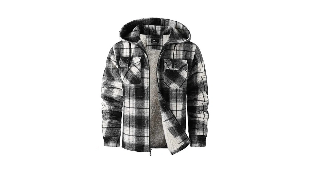 Zity Mens Flannel Hooded Jacket Fleece Sherpa Lined Plaid Zip