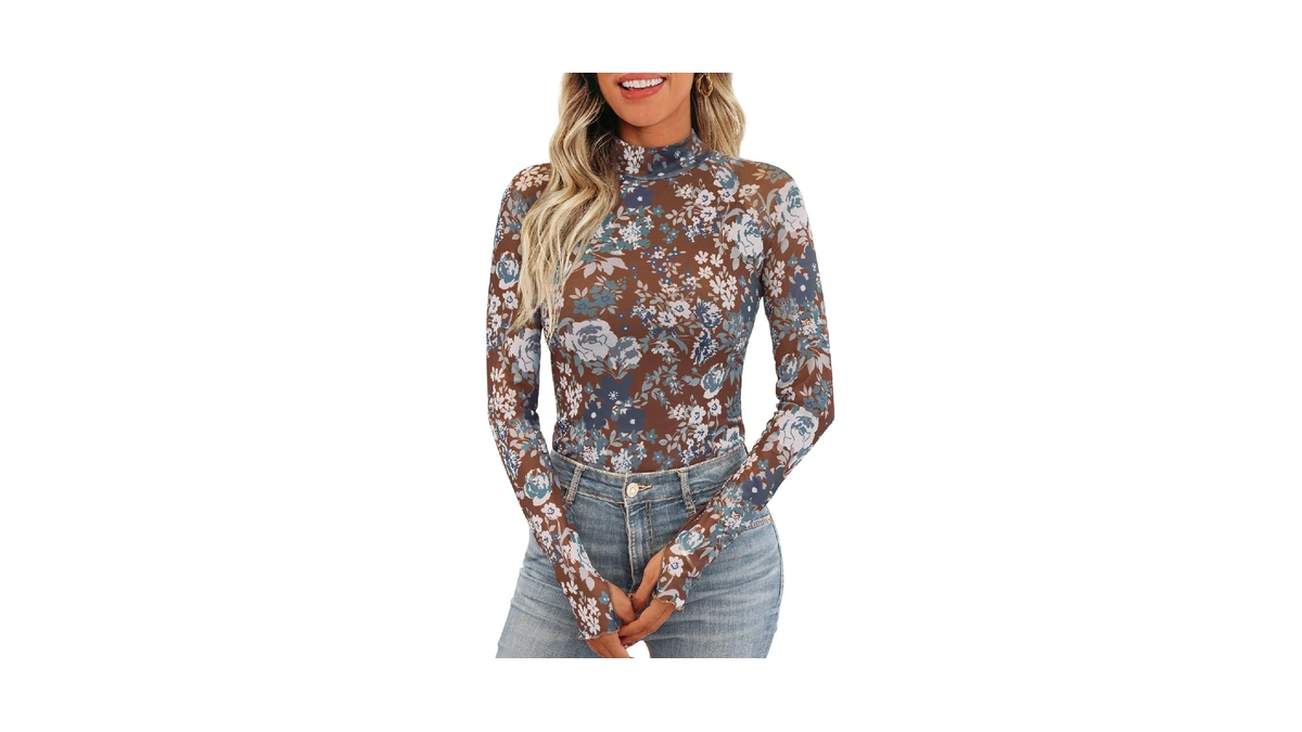 Dealmore Womens Lace Sheer Floral Mesh Mock Neck Tops Floral