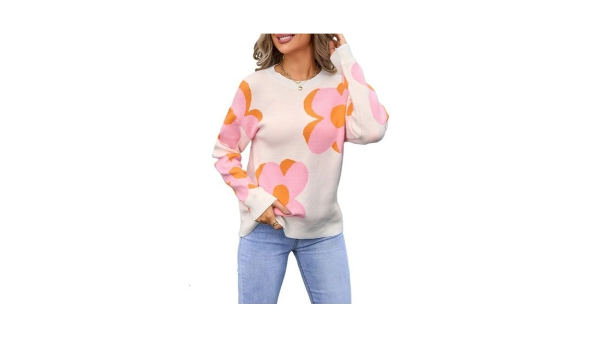 Sumleno Womens Cute Color Block Flower Pattern Sweaters Crewneck Pullover