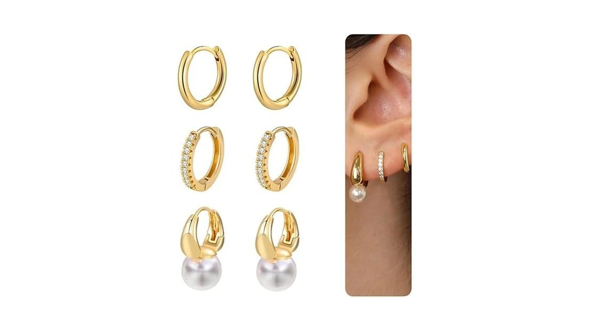 Juankiki 3 Pairs 14k Gold Hoop Earrings Pearl Chunky Huggie