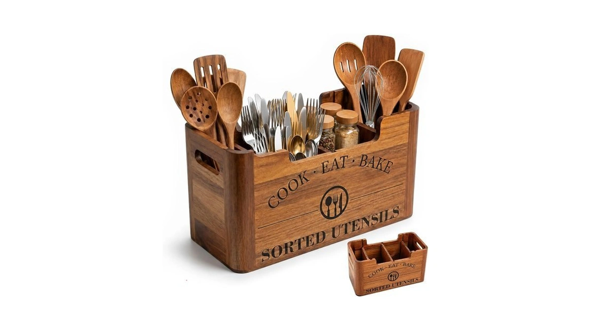 Ndnto Upgraded Large 4-compartment Acacia Wood Kitchen Utensil Holder