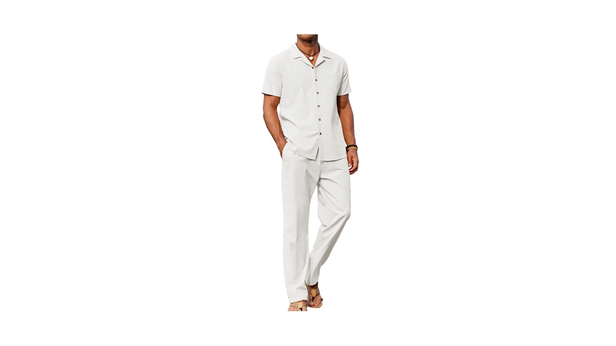 Coofandy Mens Linen Beach Outfits Casual Cuban Button Up Shirts