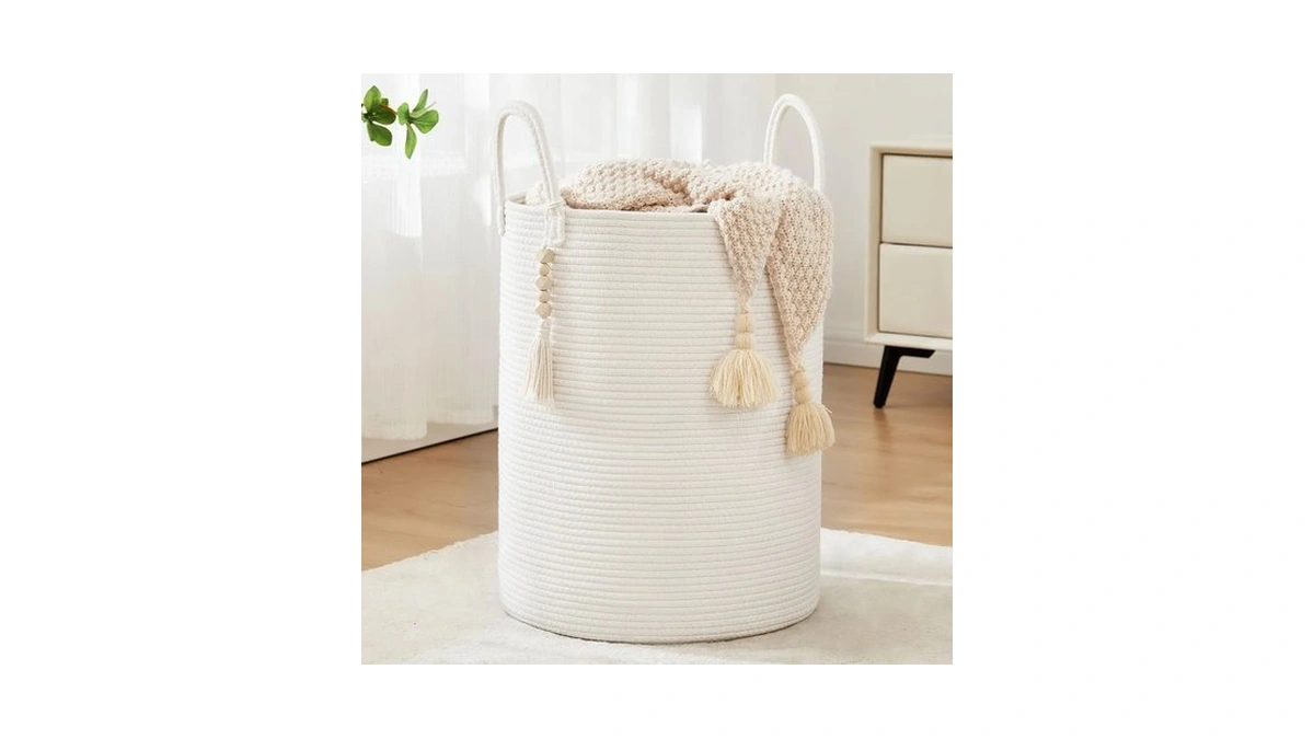 Fiona's Magic Woven Laundry Hamper, 72l Tall Blanket Storage-white