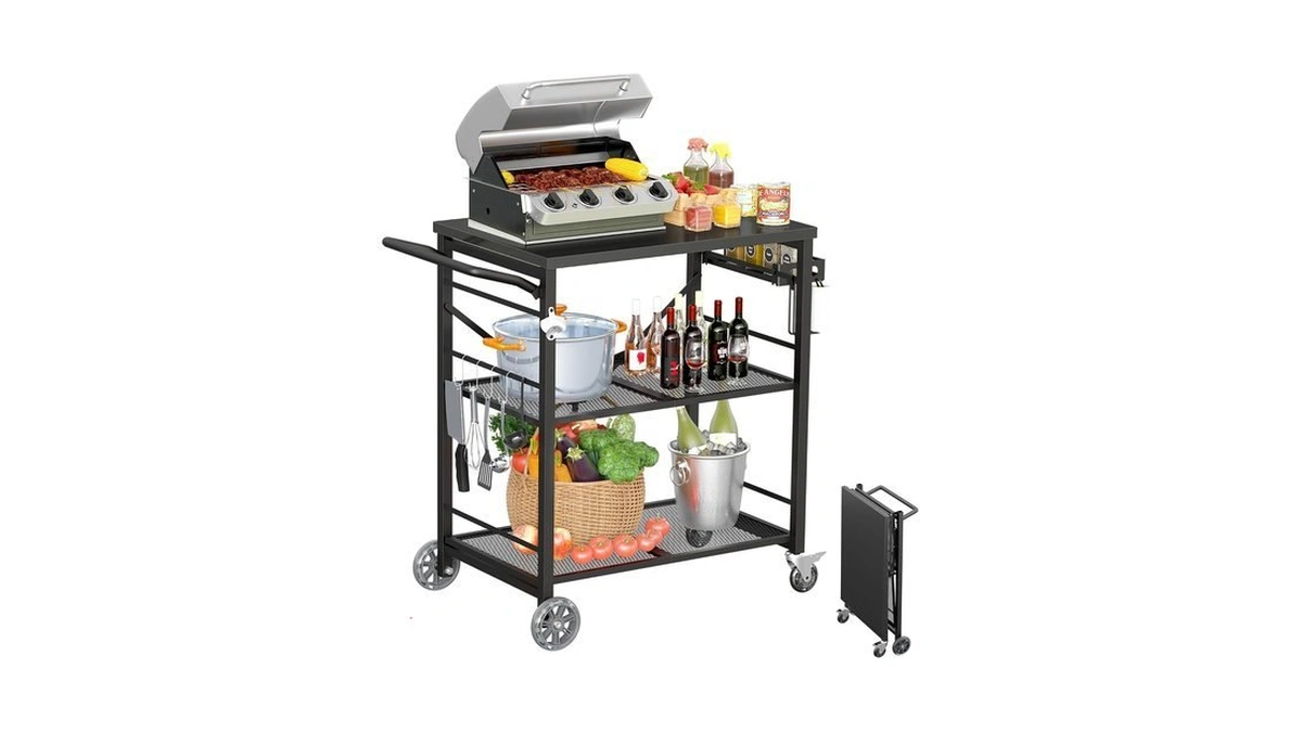 Ciokea Folding Outdoor Grill Cart With Wheels, All Black