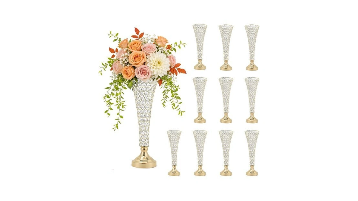 20 Inch Gold Trumpet Vase 10pcs, Diamond Mesh Crystal Floral