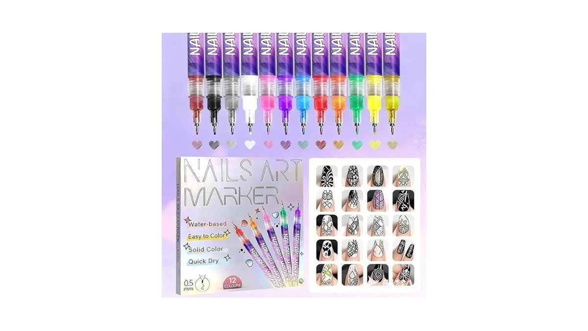 12 Colors Nail Art Pens Set, 0.5mm Fine Tip Water-based