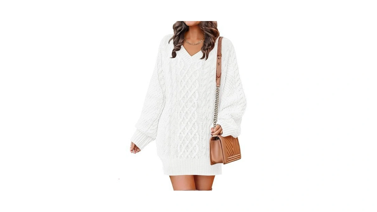 Anrabess Women Sweater Dress Oversized V Neck Cable Knit Fall