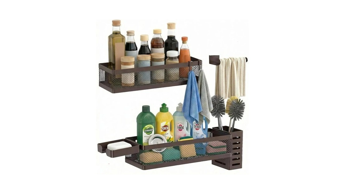 Pusdon 5-in-1 Wide Wall Mount Wrapped Mesh Kitchen Organizer &
