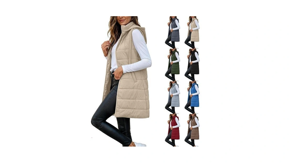 Womens Long Puffer Vest Sleeveless Hooded Zip Up Winter Quilted