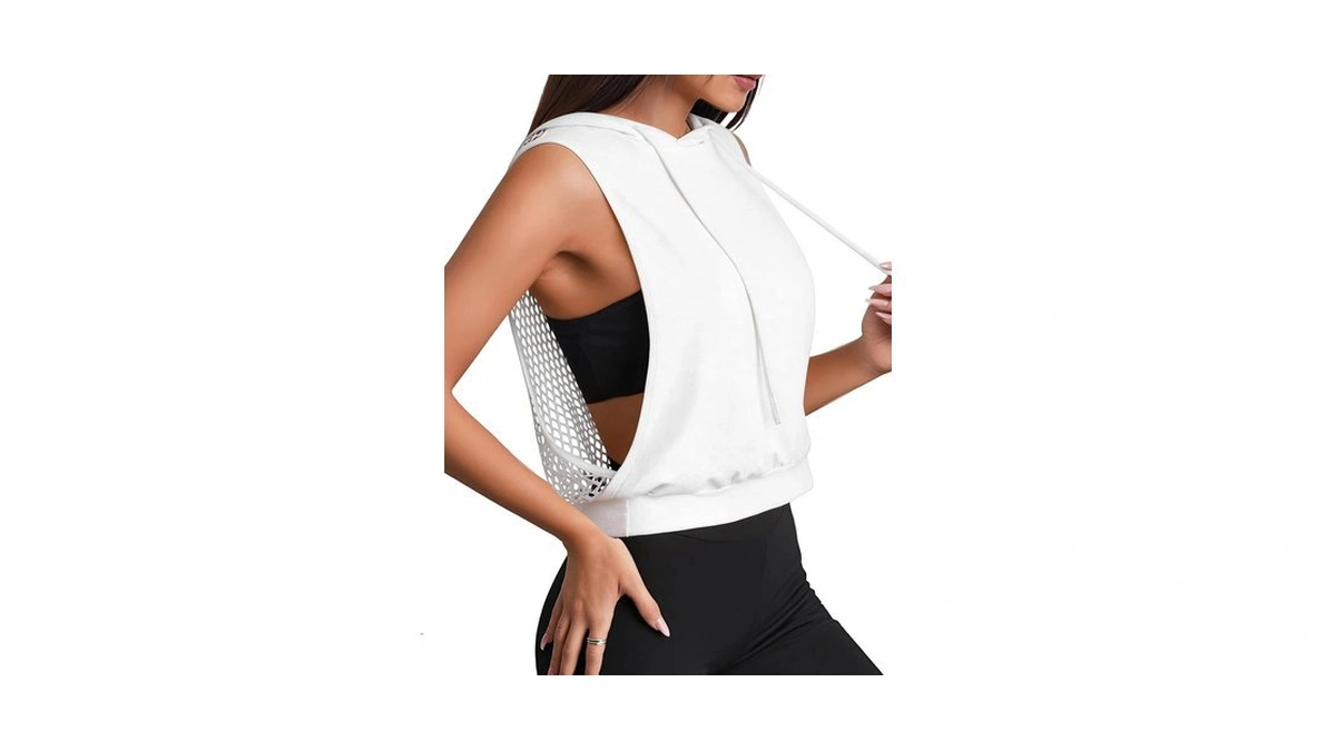 Sleeveless Hoodie Women Open Back Workout Top Fishnet Crop Tank