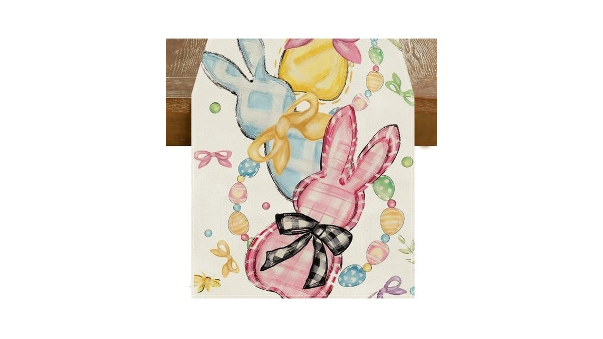 Rabusofa Bow Bunny Rabbits Eggs Easter Table Runner, Seasonal Spring