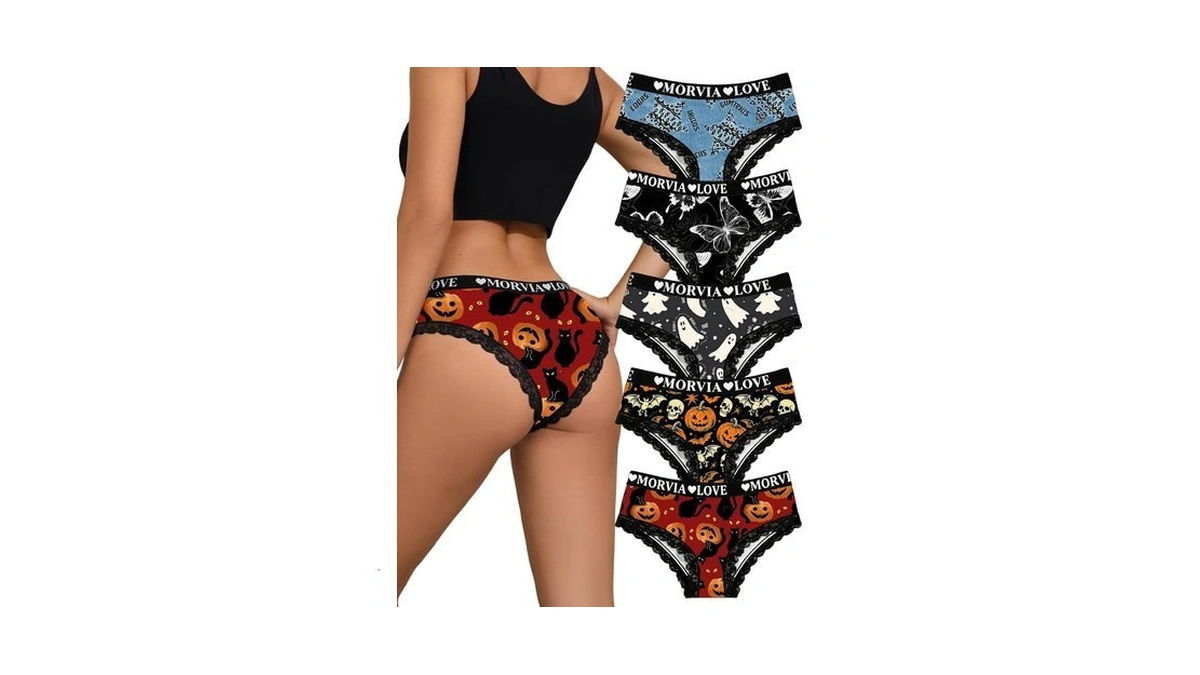 Morvia 5 Pack Women's Halloween Hipster Panties, Spooky Pumpkin Ghost