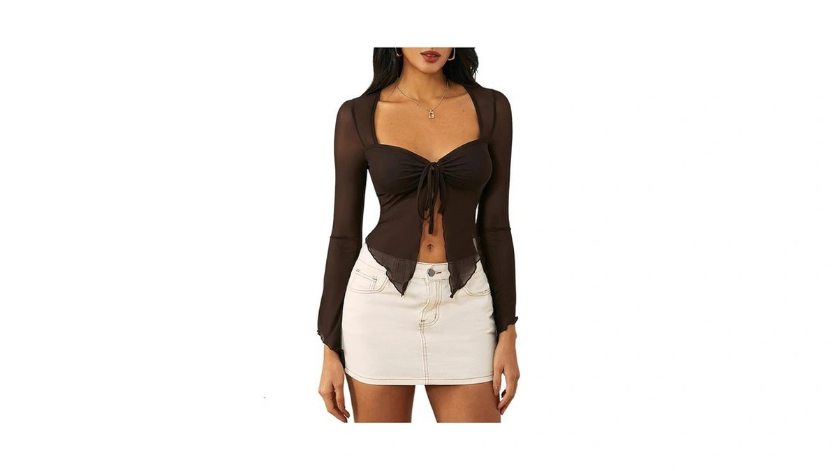 Wdirara Women's Long Sleeve Front Tie Top Sexy Mesh Bell