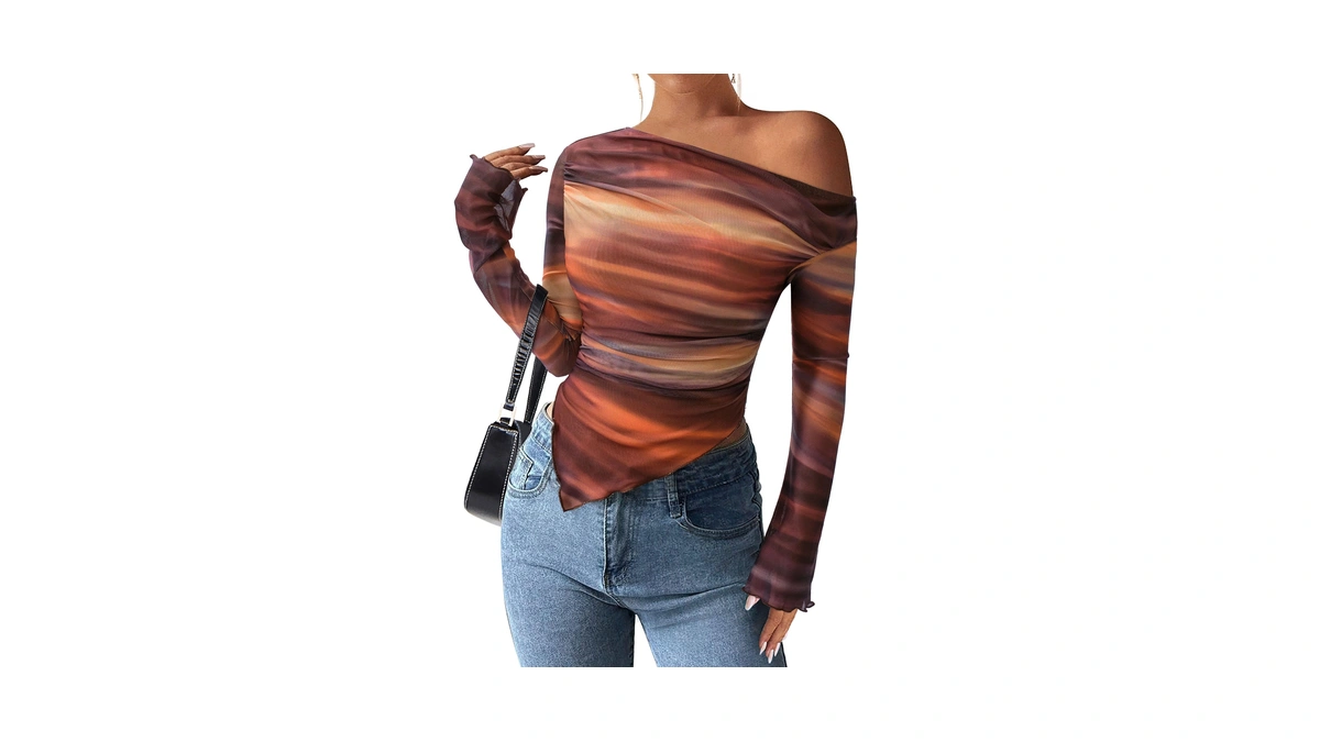 Prettygarden Womens Off Shoulder Mesh Y2k Tops,floral Brown,l