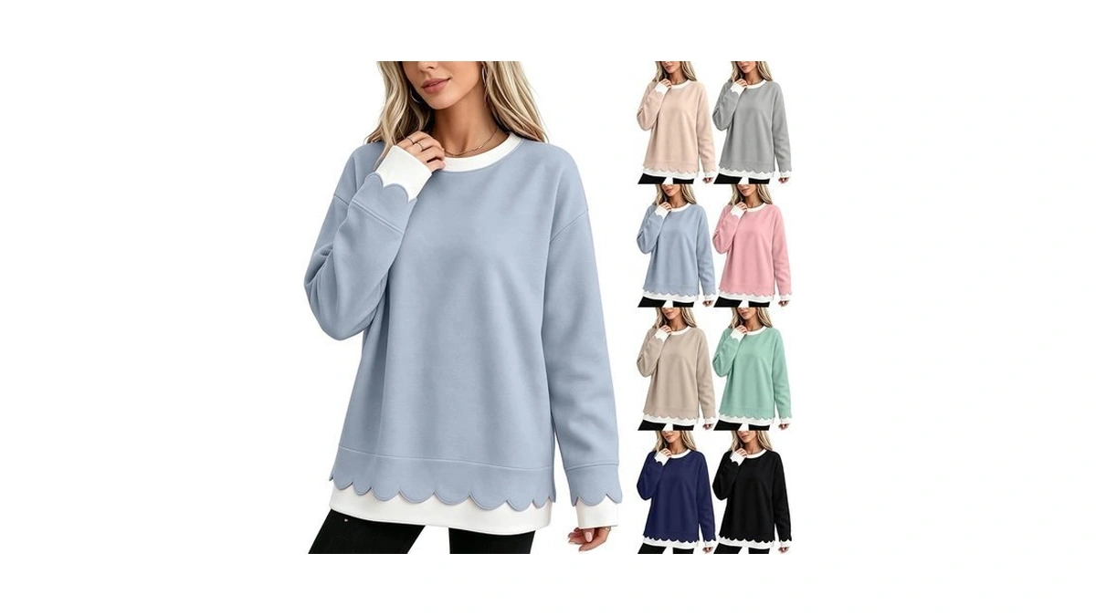 Crew Neck Sweatshirts Women Oversized Cute Scalloped Layered Sweatshirt
