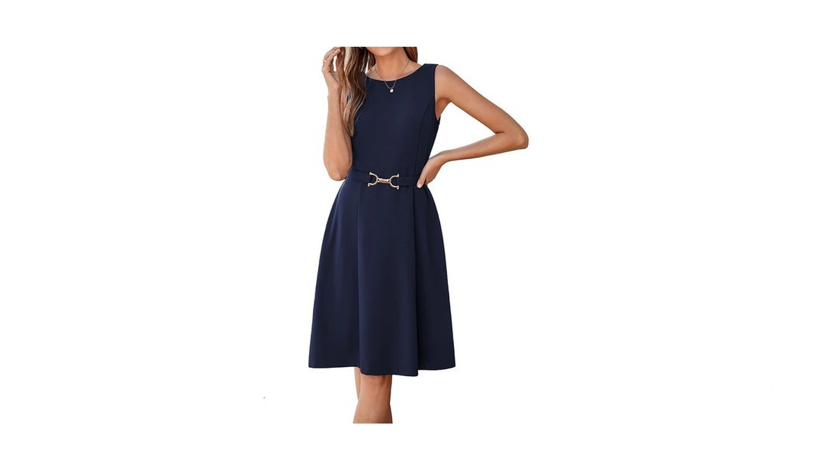 Simplee Womens Business Casual Work Dress Belted A Line Sleeveless