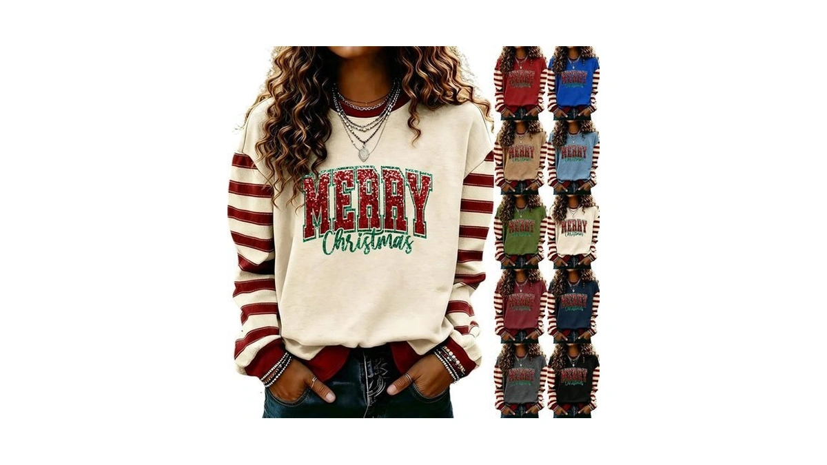 Christmas Sweatshirts For Women Long Sleeve Striped Crewneck Xmas Tops