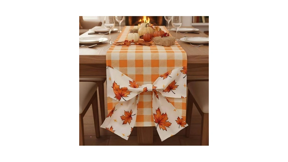 Fall Table Runner Orange Plaid Decor With Bowknot, Fall Leaves
