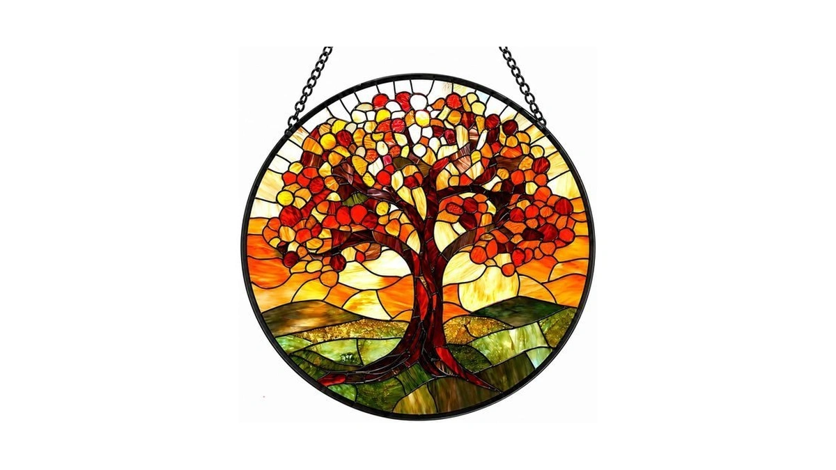Stained Glass Window Hanging - Vibrant Autumn Maple Tree Sunset
