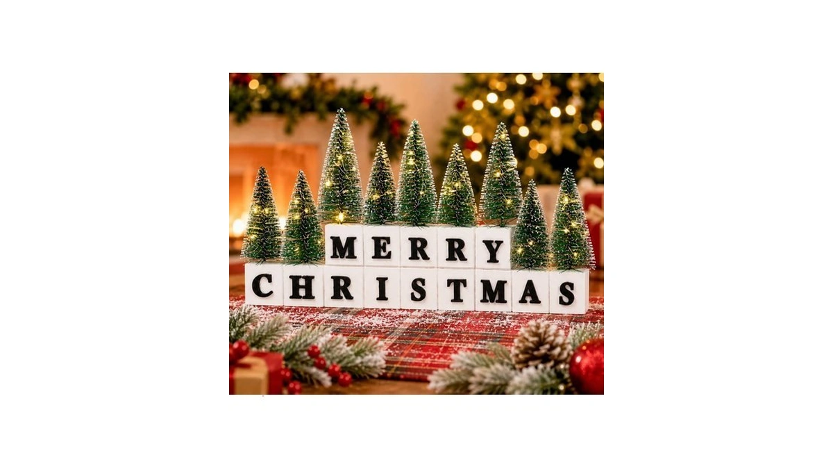 Merry Christmas Table Decor With Warm Lighted Mini Trees And