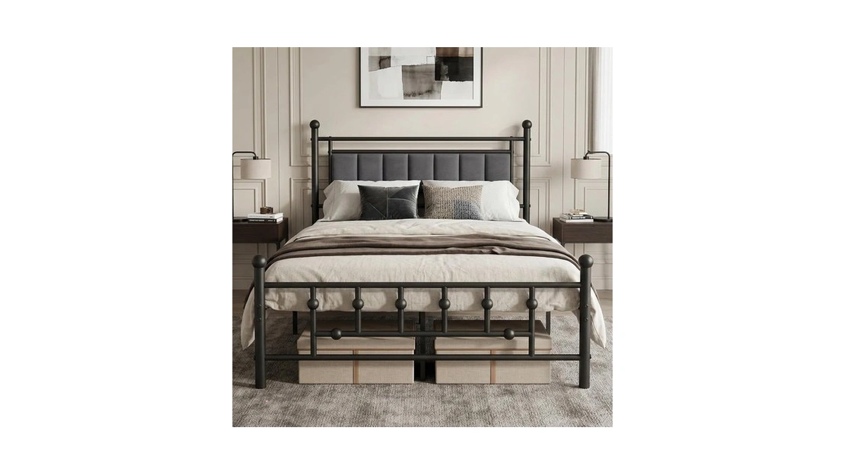 Luviyoo Velvet Upholstered Full Bed Frame With Headboard