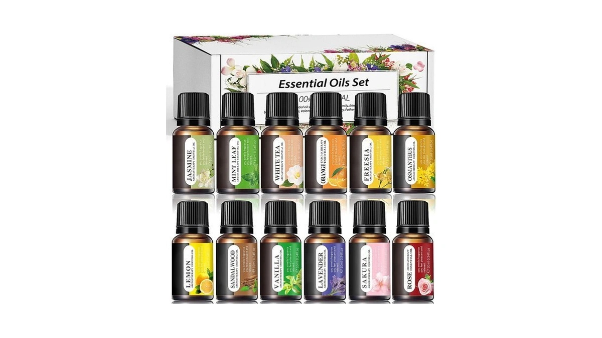 Essential Oils Set, 12 Scents, 10 Ml Bottles, Lavender, Lemon,