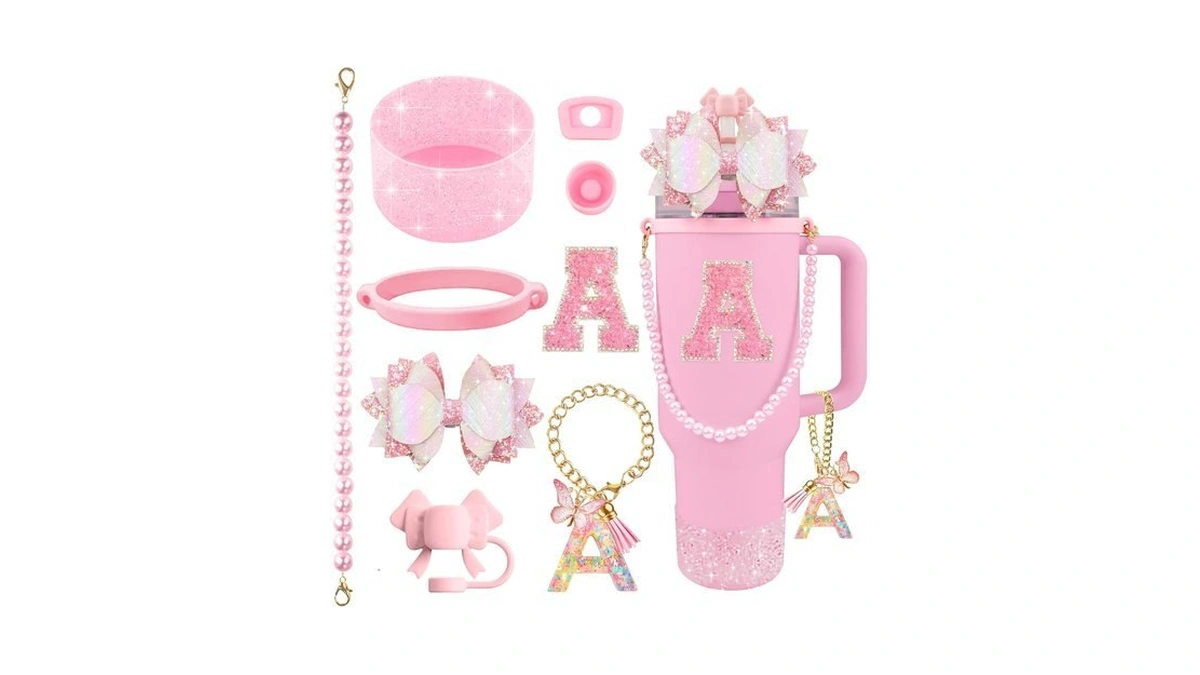Hpebl 9pcs Pink For Stanley Cup Accessories Set Bling Initials