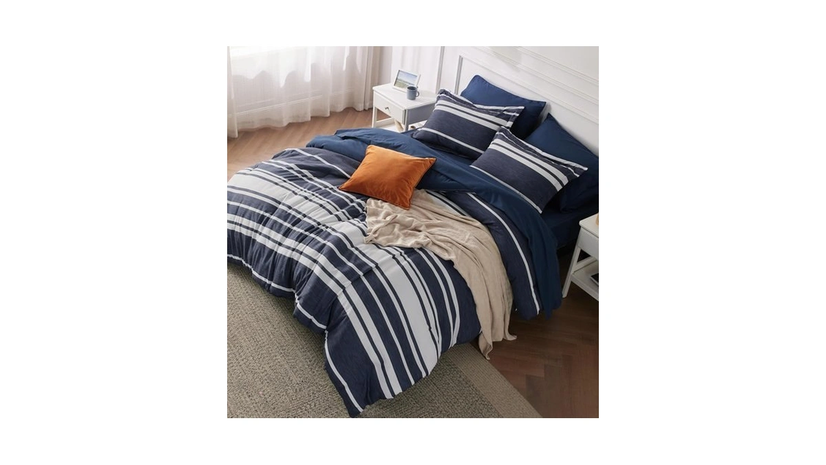 Bedsure Cal King Comforter Set 7 Pc, Blue Striped, Reversible,