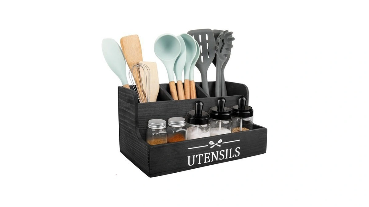 Redcall Extra Large Kitchen Utensils Holder 4 Compartments,wood Utensil Organizer