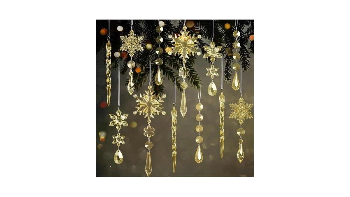 9pcs Golden Christmas Snowflake Ornaments, Acrylic Snowflake Icicle Ornaments Set