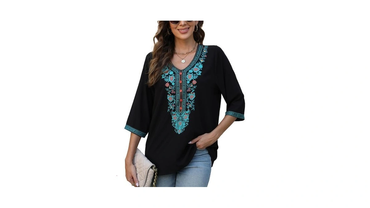 Higustar Mexican Blouses For Women Embroidered Traditional Floral Peasant Tops