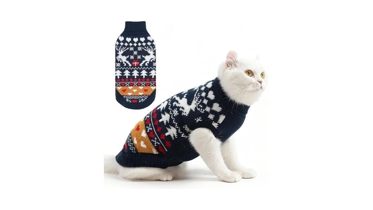 Pupteck Christmas Cat Sweater, Soft Warm Turtleneck Pet Winter Clothes,