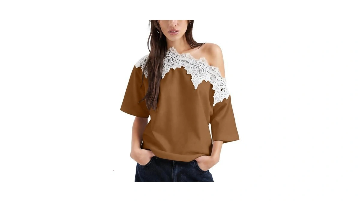 Gtliae Women Asymmetrical Lace Trim Tops Casual Off The Shoulder