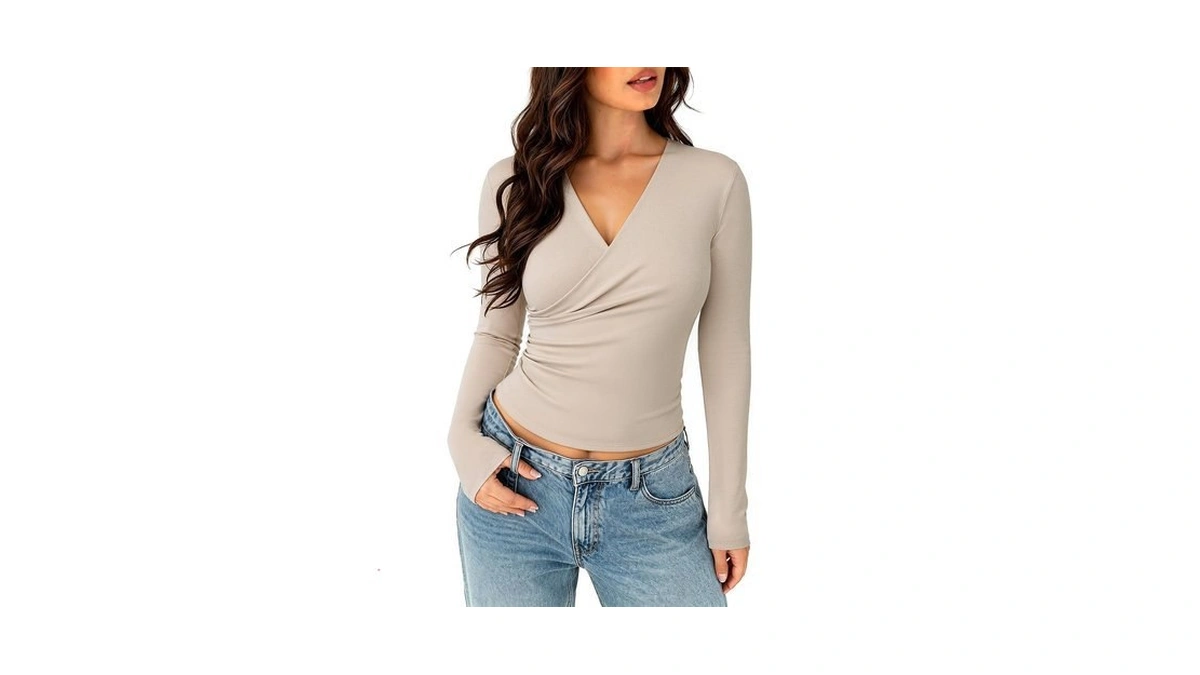 Pinkmstyle Womens Long Sleeve Wrap V Neck Tops Ruched Dressy