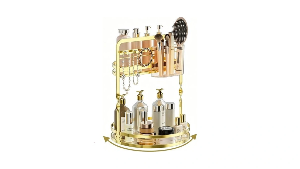 Duanfee 360° Rotating Makeup Organizer For Vanity, Gold Bathroom Organizer
