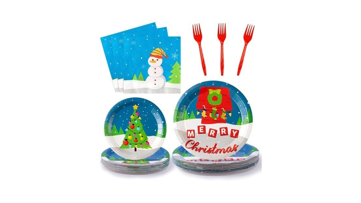 Gaofanwai 96pcs Christmas Cartoon Red Dog House Tableware, Merry Christmas