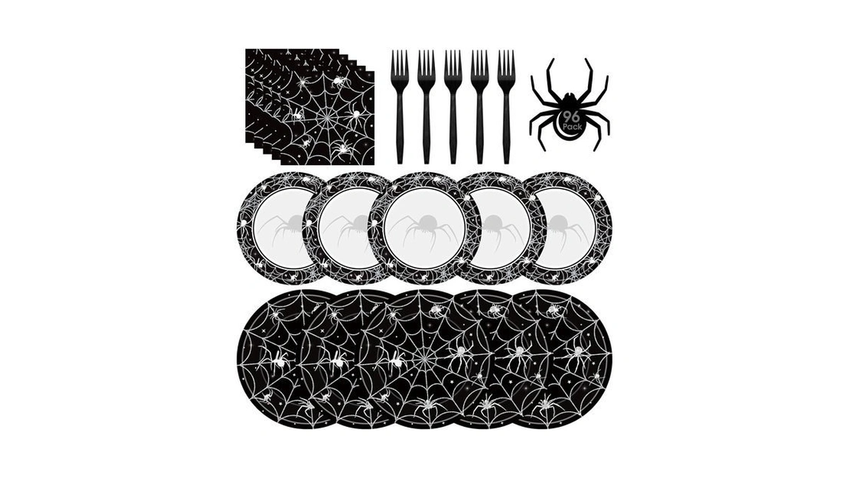 96 Pcs Halloween Plates And Napkins Set - Black Spider