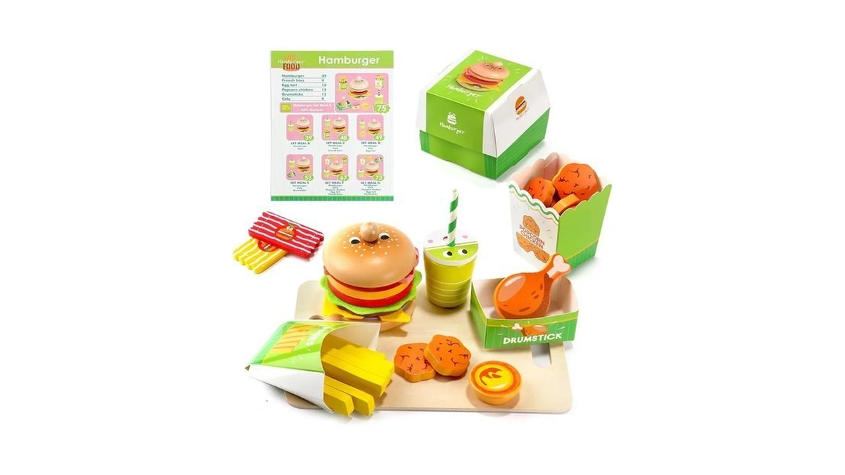 Wooden Hamburger Play Food Set For Kids, Fast Food Playset