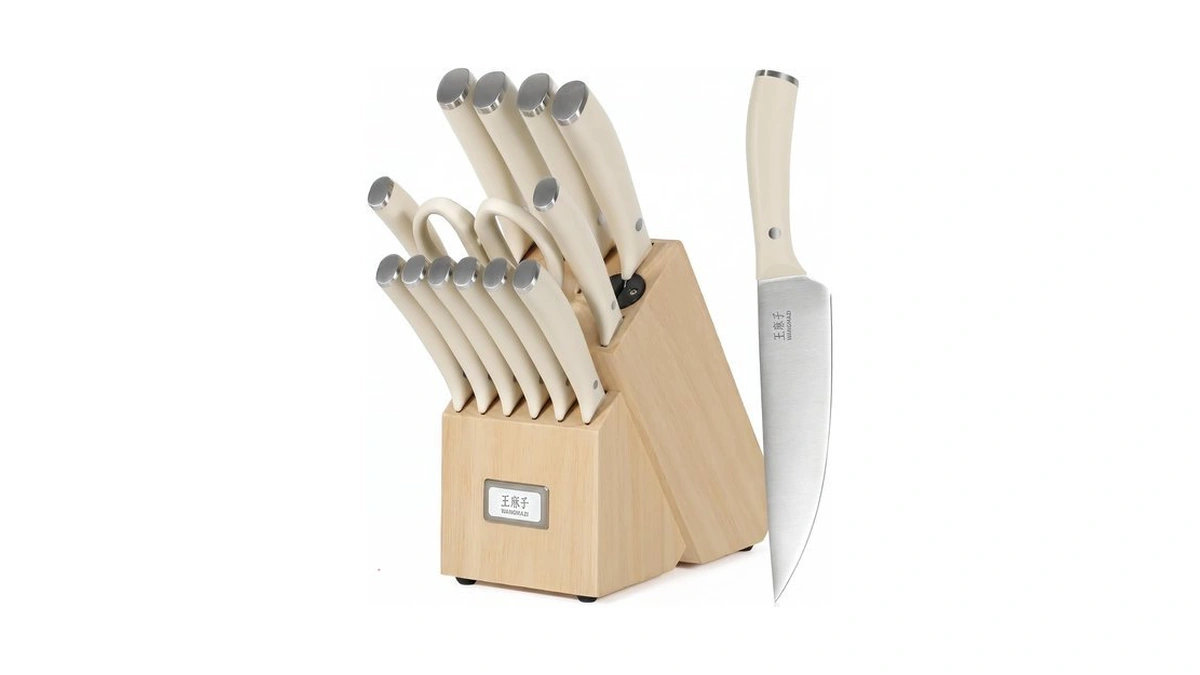 Wangmazi 15‑pcs Knife Block Set, High Carbon Steel, Natural