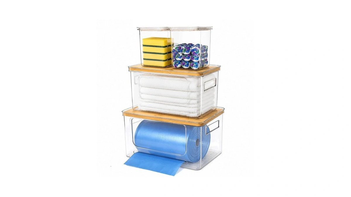 Trash Bag Organizer Under Sink Storage,4 Piece Stackable Clear Storage