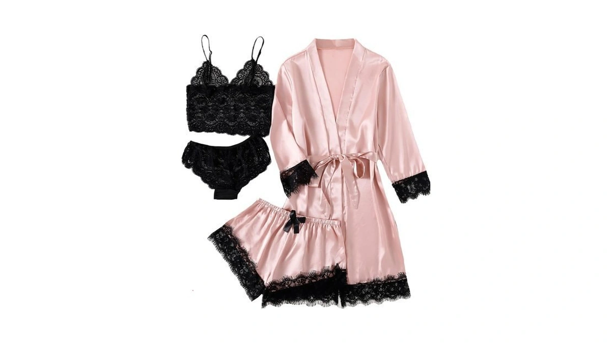 Lyaner Women's Silk Satin Sexy Pajamas Set Solid Pink Medium