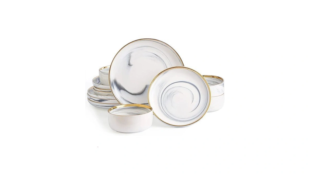 Pokini Marble Gold Rim Dinnerware Sets, Porcelain Plates And Bowls